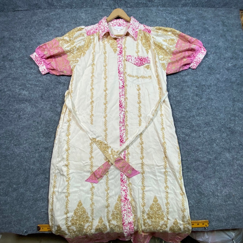 Entro Womens Pink Gold Mixed Print Puff Sleeve Midi Shirt Dress D26817 Small NWT
